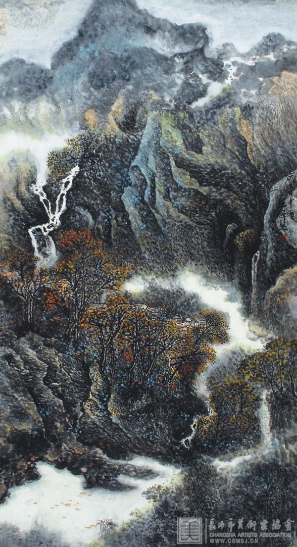 伍艳辉 中国画《山村》180cm x 97cm